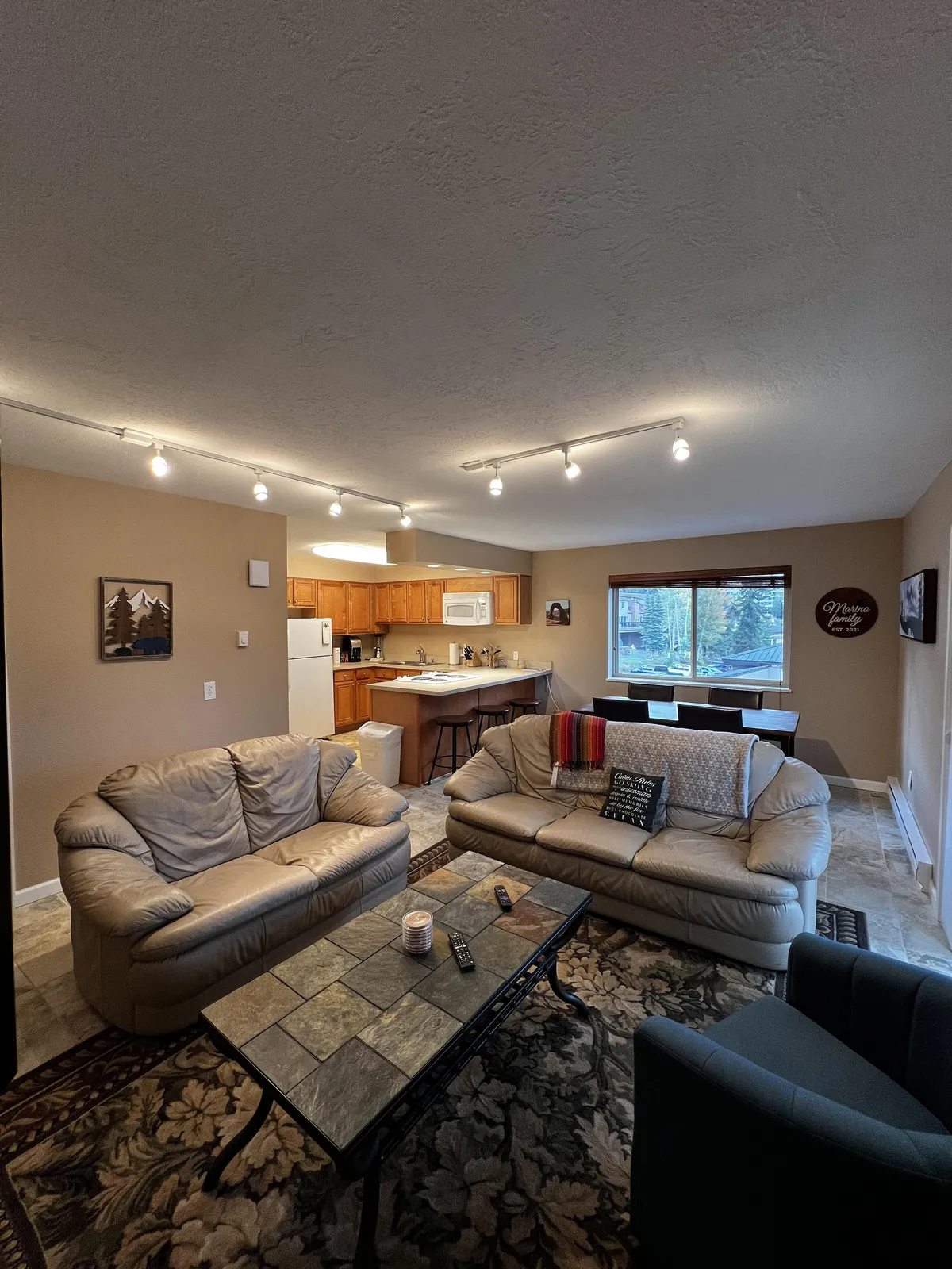 This inviting space seamlessly blends a living area with leather sofas, a coffee table, and a kitchen area, all illuminated by a window that offers scenic views. The arrangement is perfect for group activities like game nights, casual conversations, or shared meals. The mood is warm and family-friendly, emphasizing togetherness.